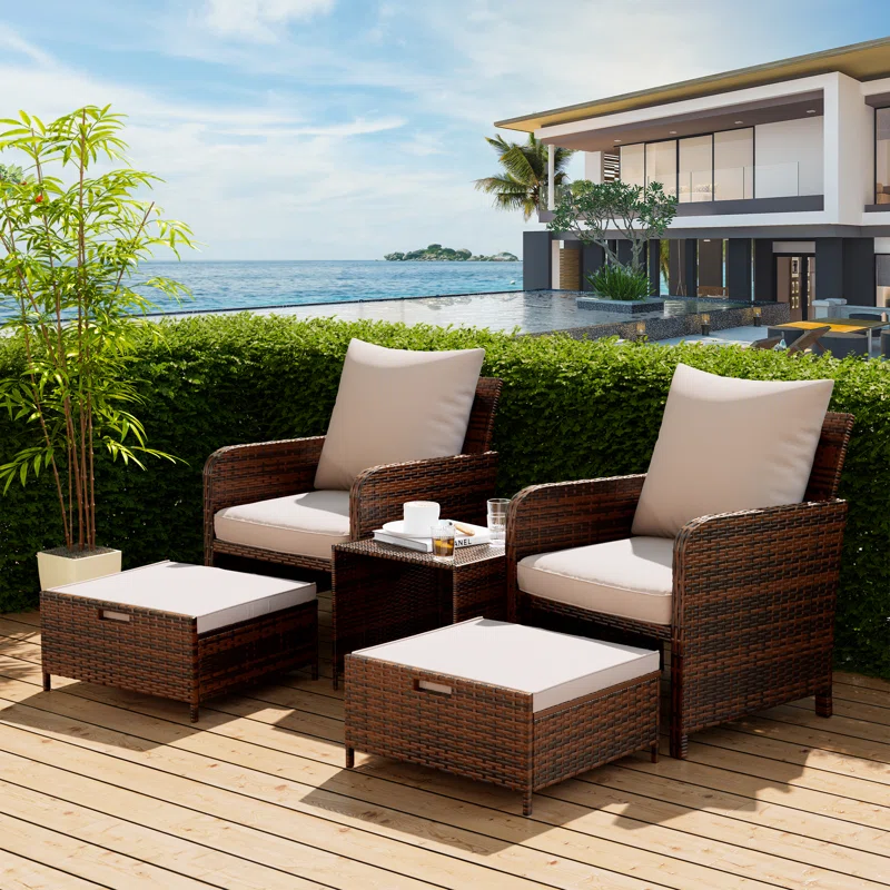 wicker set seating on wood patio deck