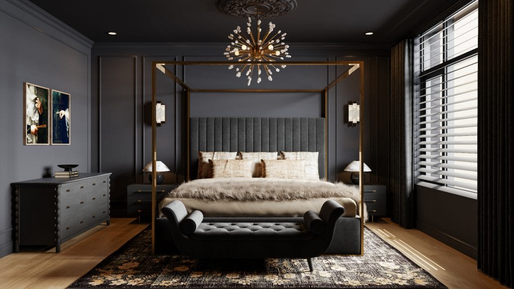 Moody neoclassical style bedroom by Decorilla