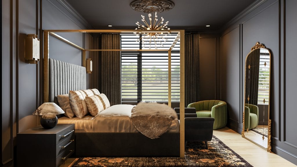 Dark neoclassical bedroom design style by Decorilla