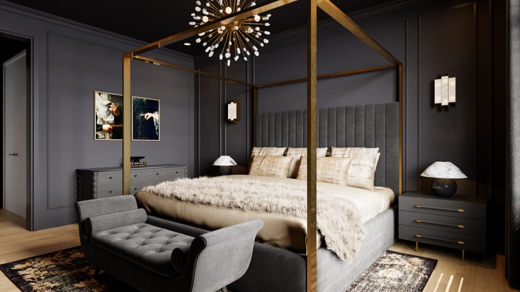 Trendy neoclassical bedroom with dark walls by Decorilla