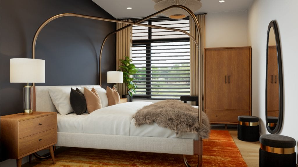 Bedroom design blending mid-century modern and neoclassic style elements, by Decorilla