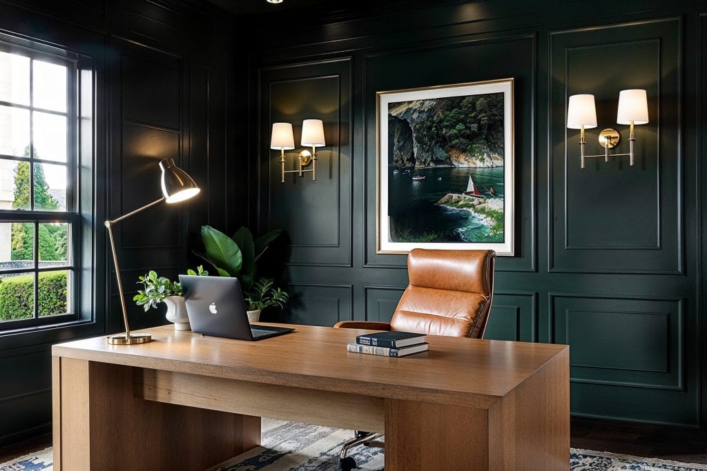 Wall molding and metallic accents sprucing up a moody home office by Decorilla