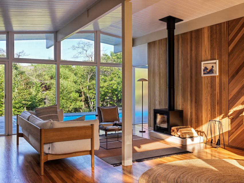 Living room in a mid-century house on Fire Island