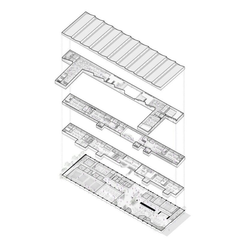 Isometric view of a multi-level architectural building plan, showing detailed layouts and structural design elements