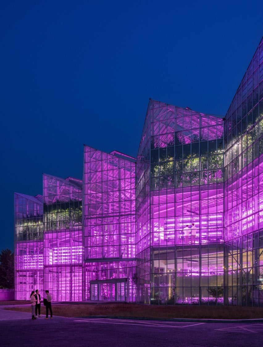 Greenhouse exterior view at night of Vertical Farm Beijing by Van Bergen Kolpa Architecten