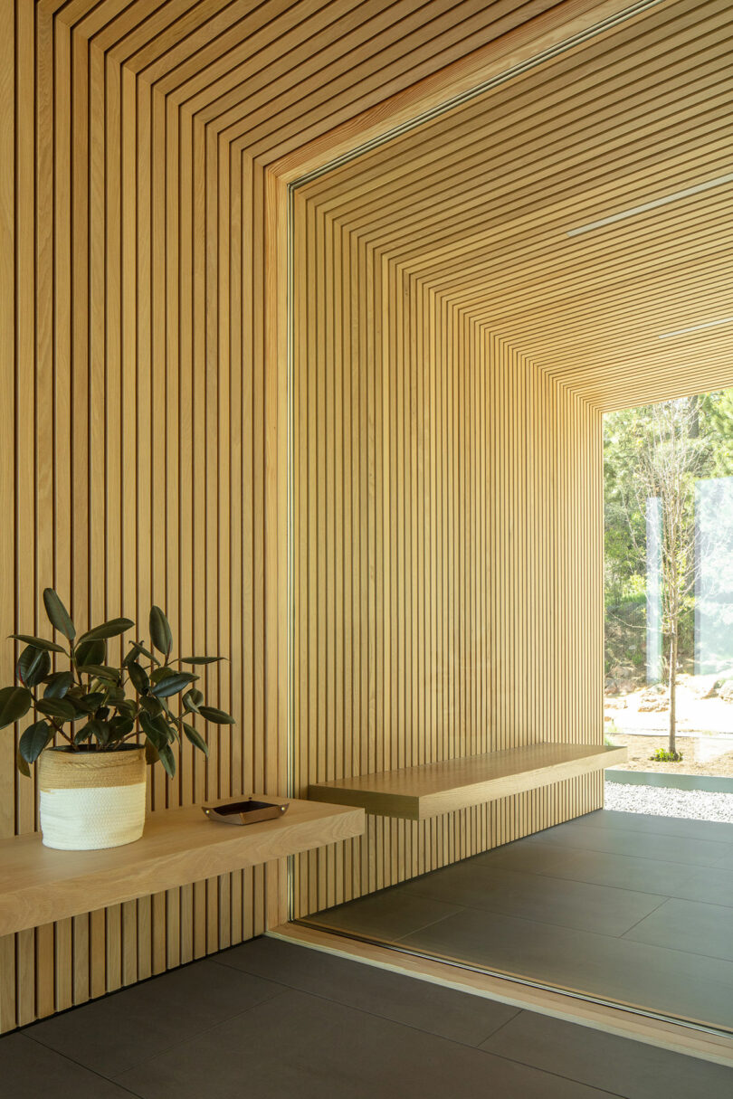 Interior of Villa H with walls and bench featuring wooden slatted design, a large glass door, and a potted plant.