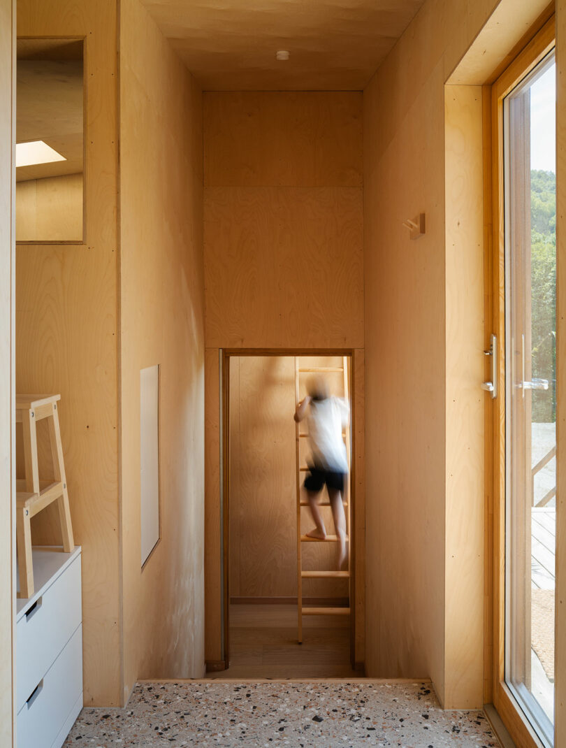 Person climbing a wooden ladder in a minimalist room with light-colored wooden walls and a glass door leading outside.