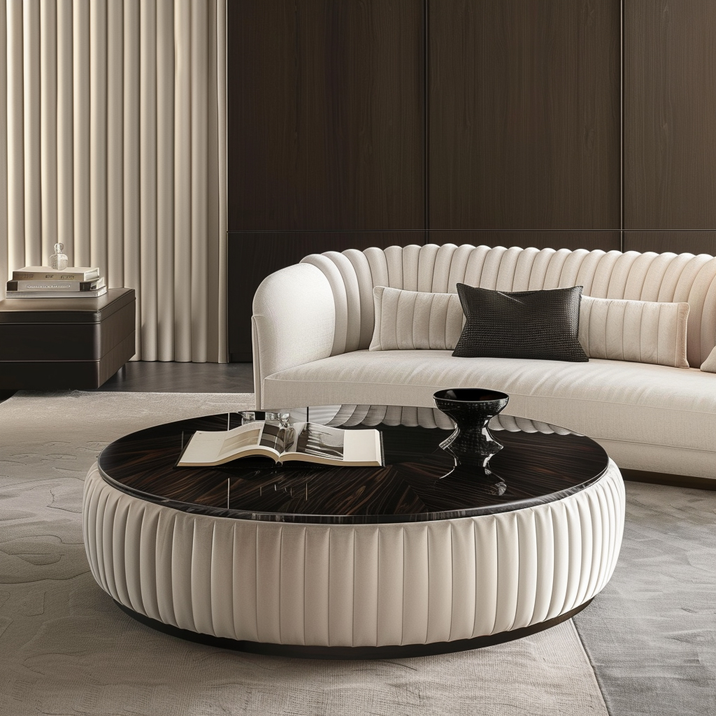 AI generated matching furniture pieces sofa and round coffee table with matching texturing