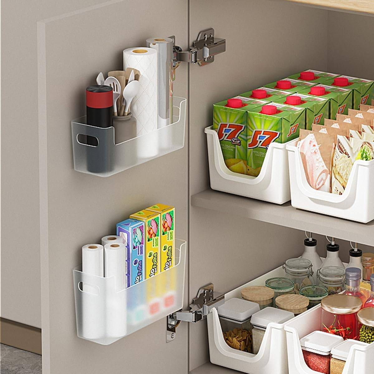 cabinet door organizer in kitchen.