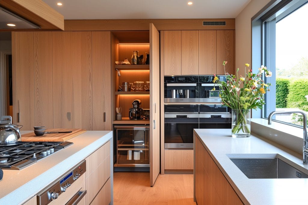 Efficient smart kitchen layout with a smart pantry storage by Decorilla