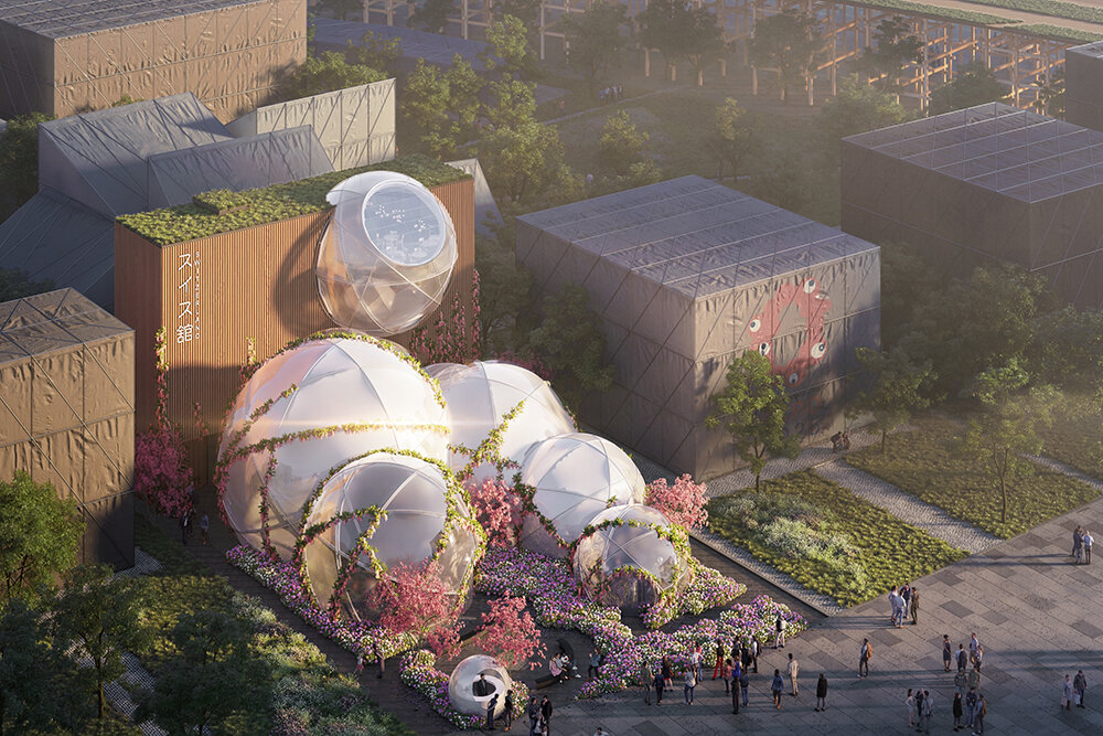 swiss pavilion to welcome visitors inside spheres engulfed by plants at expo 2025 osaka