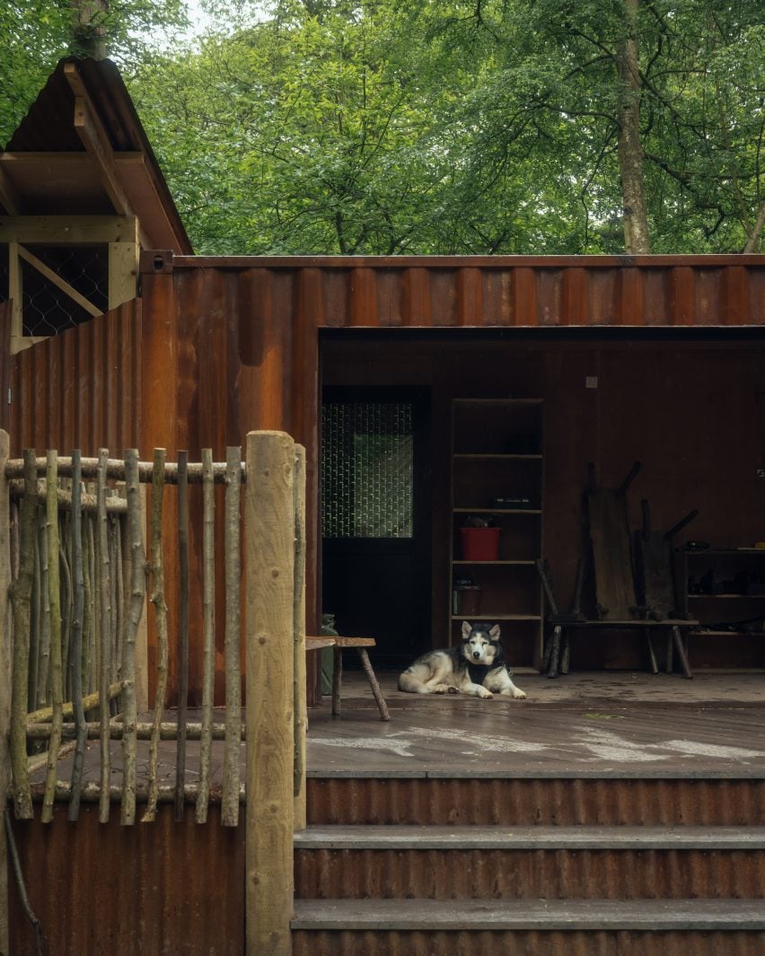 Repurposed shipping container in London woodland