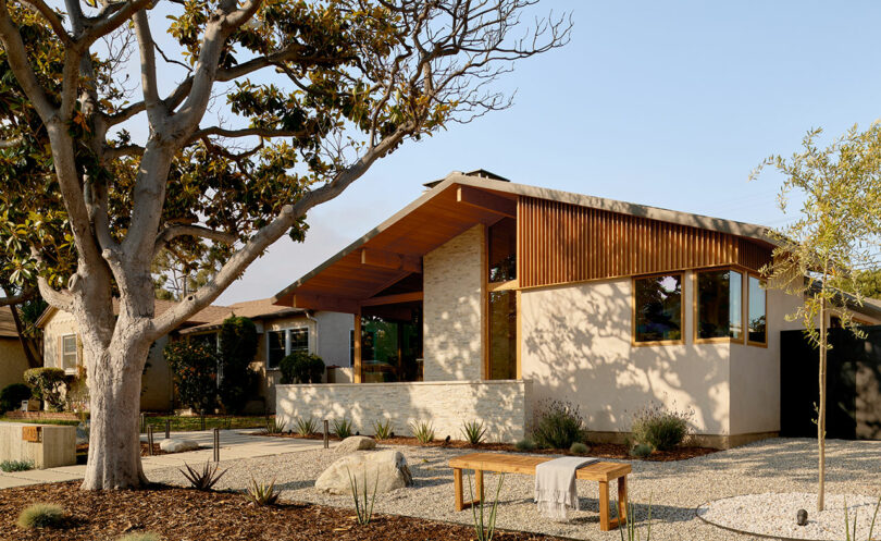 A modern house with a wooden and stone exterior features large windows and a tall, sloped roof. It is surrounded by a well-landscaped yard with trees, bushes, and a wooden bench on a graveled area.