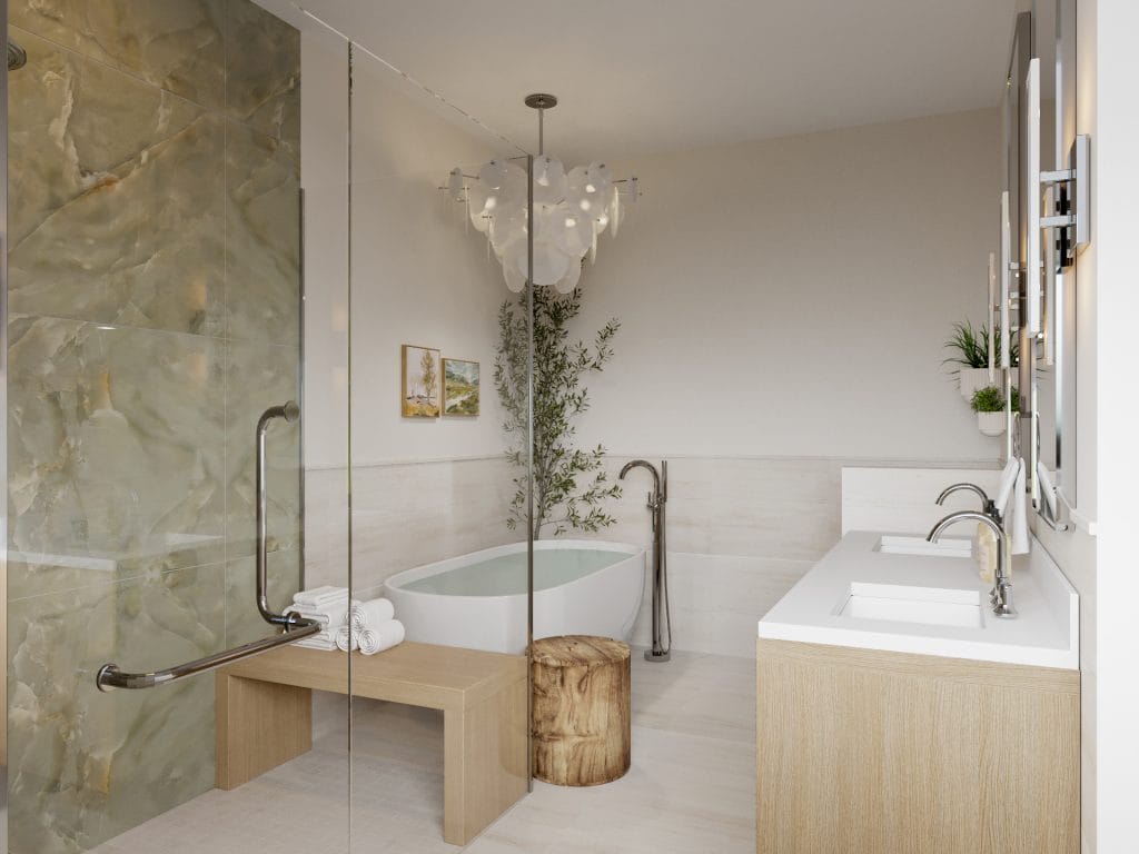 Serene bathroom with a tranquil bath area by Decorilla