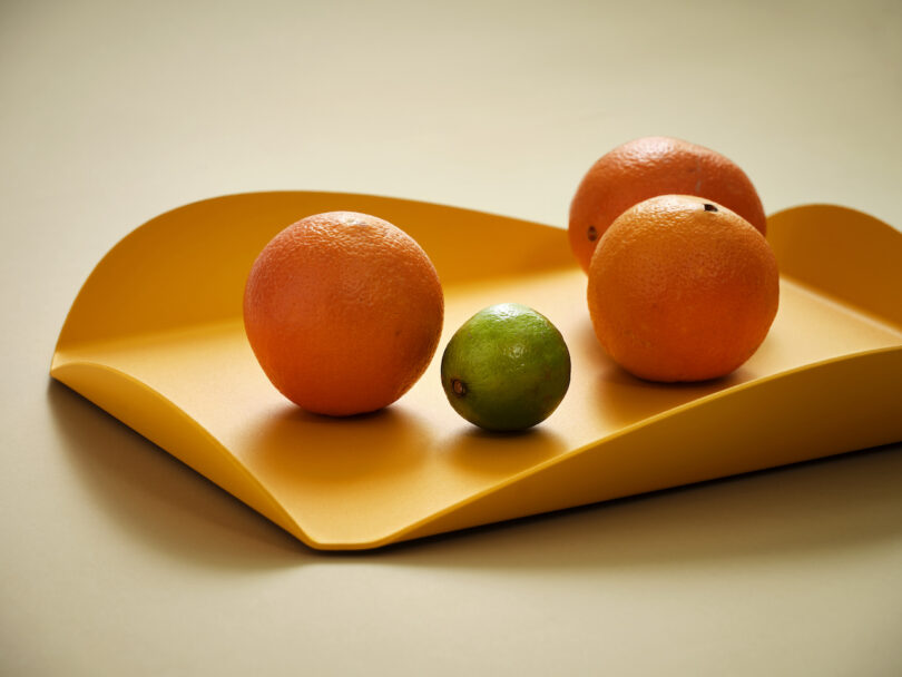 orange tray with oranges and a lime inside