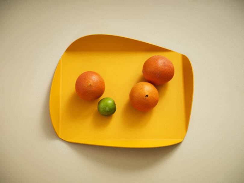 orange tray with 3 oranges and a lime inside