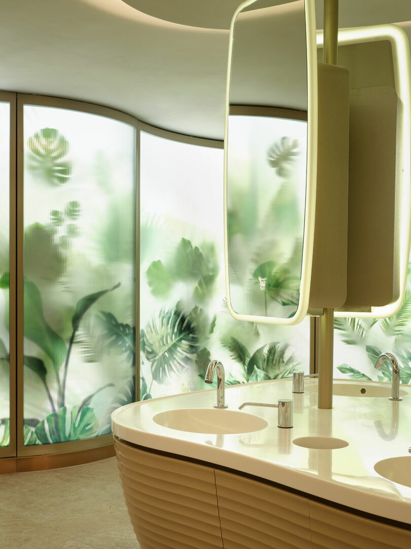 Modern bathroom with a curved sink counter, illuminated mirrors, and frosted glass panels featuring leaf patterns.