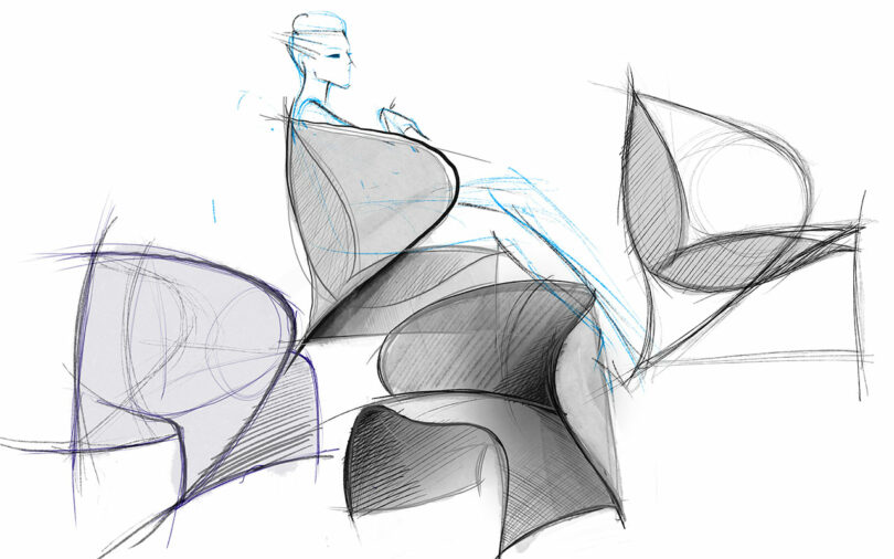 Sketch of modern chair designs with angular shapes and overlapping geometric patterns, featuring a faint outline of a human figure in the background.