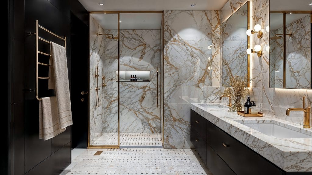 Marble accent in dark bathroom decor by Decorilla