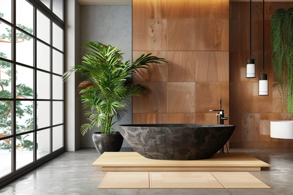 Wood Theme Dark Bathroom Decor by Decorilla