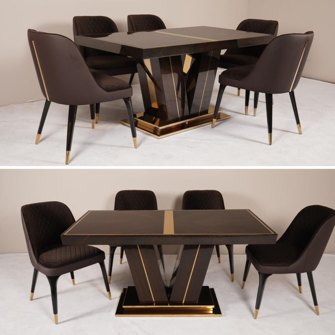 Two photos of a modern dining set. The AI-designed luxury furniture features a rectangular, dark wood table with a striking geometric base accented with gold-colored metal. Six matching chairs with dark upholstery and gold accents on the legs surround the table. The background is neutral.