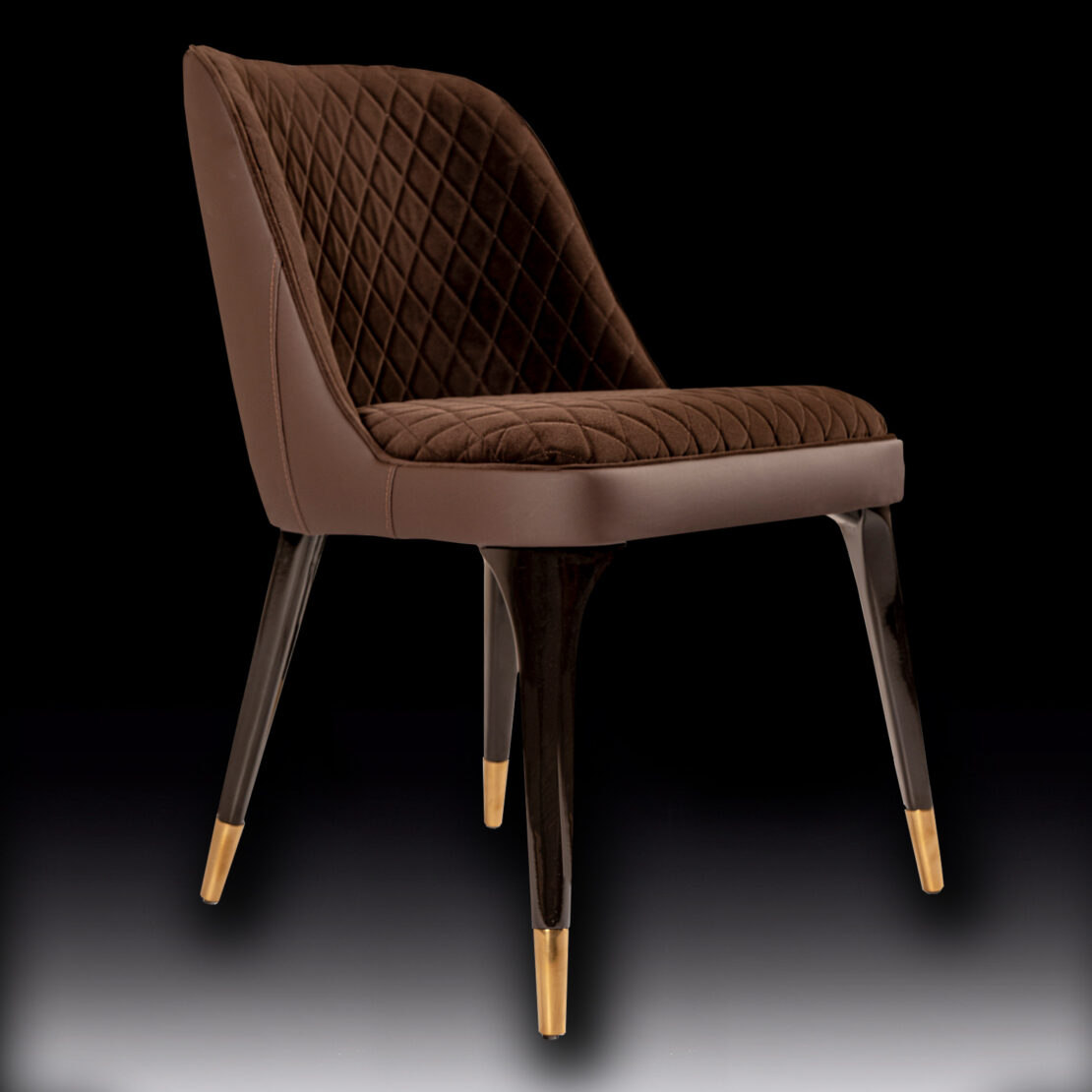 The Exclusive Modern Quilted Dining Chair boasts a luxurious brown seat with a diamond-patterned backrest and cushion. It features sleek, dark wooden legs tapered with golden tips, creating an elegant design set against a black background.