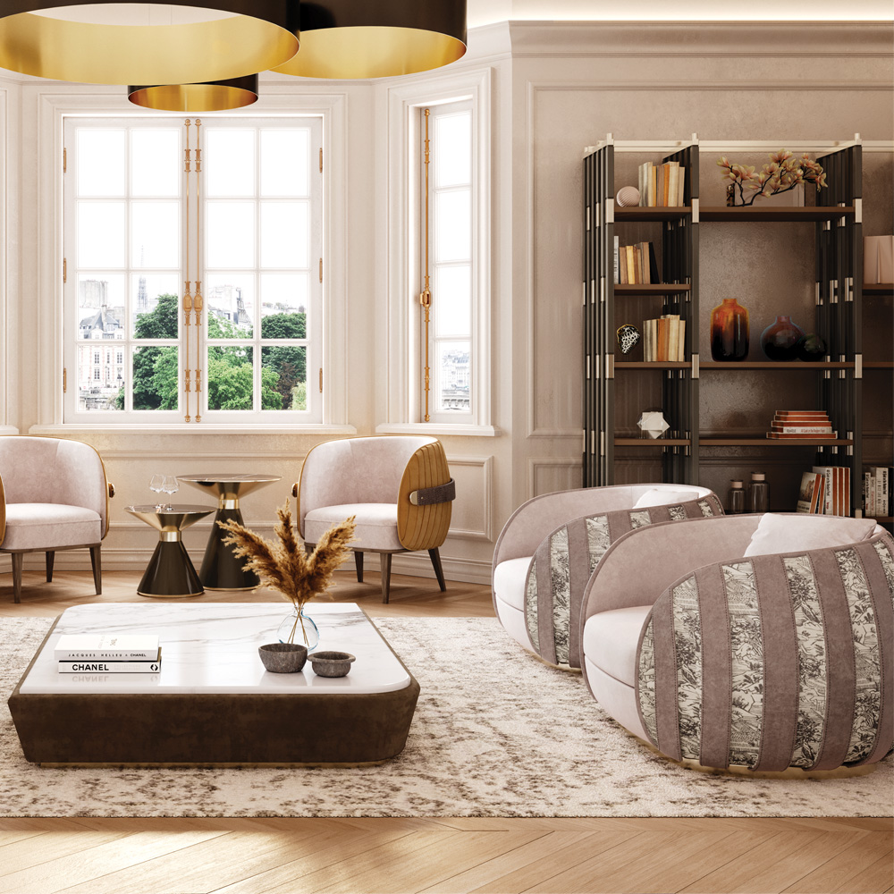 Sophisticated living room featuring a large window with a city view, an Exclusive Luxury Sunken Tub Chair, and a marble and wood coffee table with decorative vases. Neutral tones, soft lighting, and plush furnishings alongside a tall bookshelf contribute to the elegant ambiance.