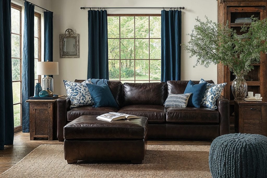 Chic brown leather couch living room by Decorilla