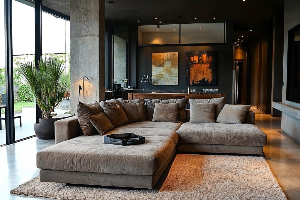 Cozy modern rustic brown sofa decor by Decorilla