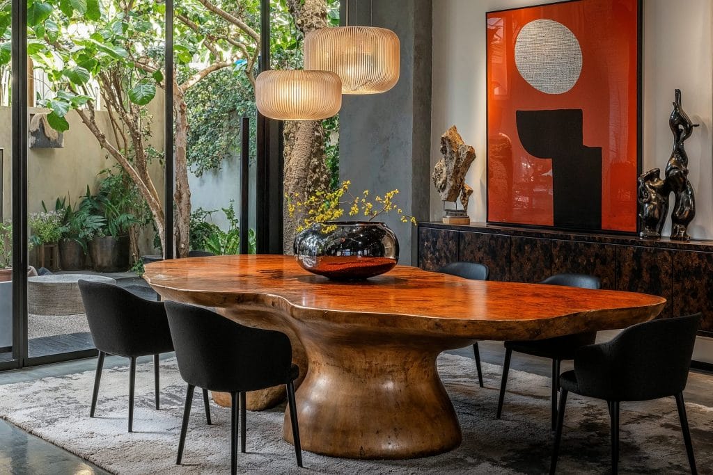 Zen masculine dining area with chandelier by DECORILLA