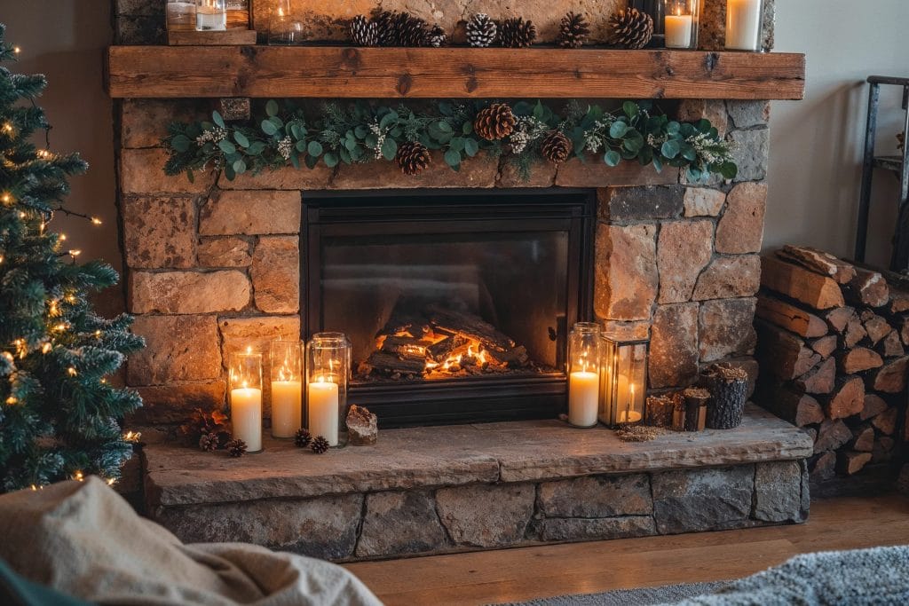 Decorating a fall mantel with candles and greenery by Decorilla