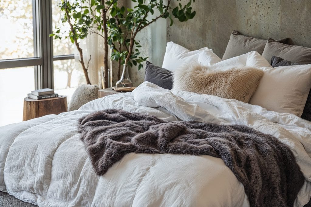 Neutral fall home decor with layered blankets and warm colors by Decorilla