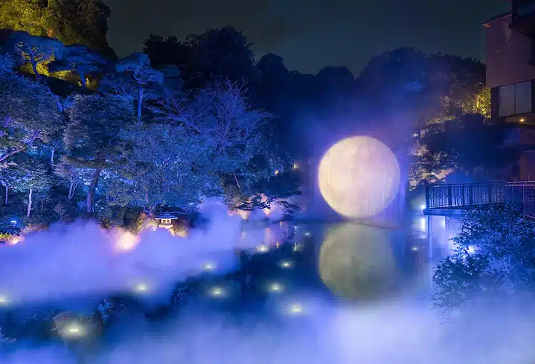 Japanese Garden Displays Its Own Giant Moon Shrouded in Mist During Moon Festival in Tokyo