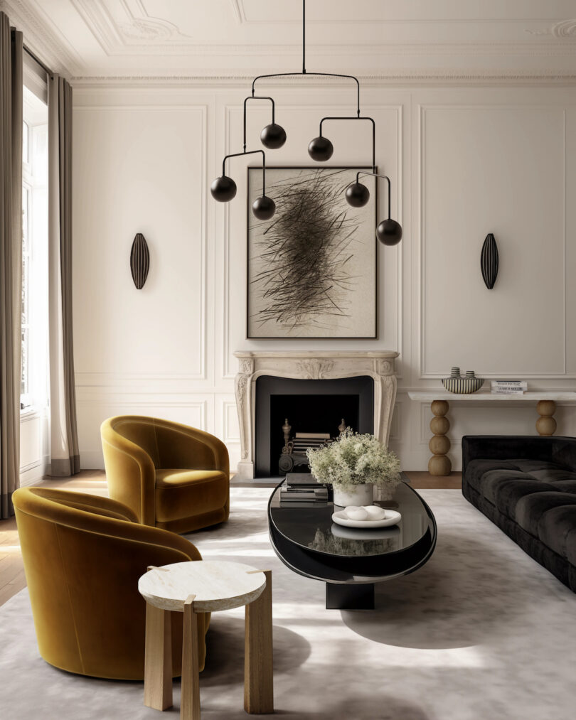 A modern living room with mustard velvet chairs, a black coffee table, abstract art above a fireplace, and a black mobile light fixture. Neutral tones and minimalistic decor