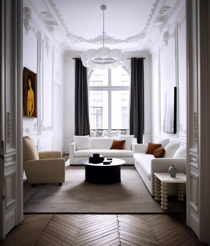 Elegant living room with detailed molding, large window, white sofas, a beige armchair, round coffee table, and modern chandelier. Walls have framed art