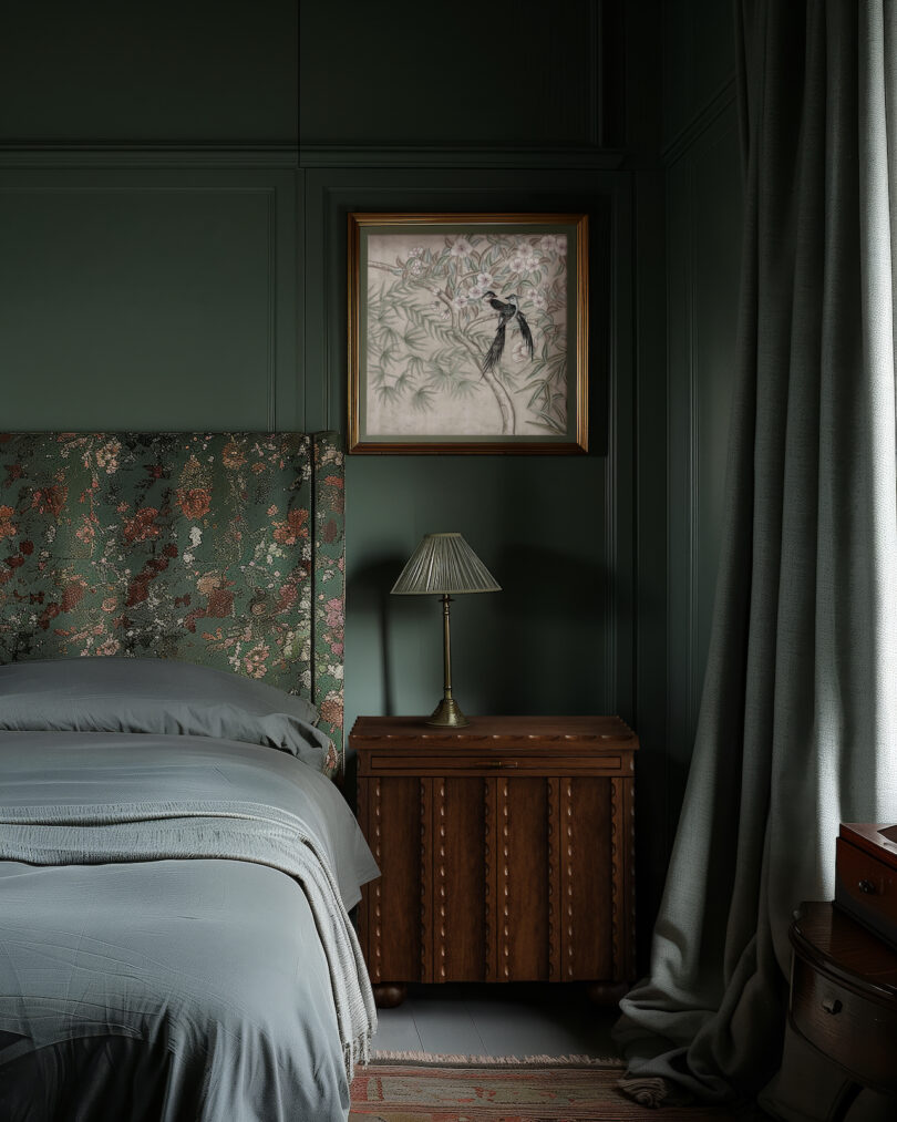 A dimly lit bedroom with a floral-patterned headboard, a wooden nightstand with a lamp, and a framed bird artwork on the dark green wall