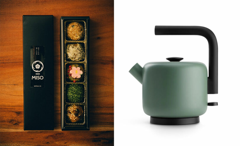 A box of assorted flavored miso balls on the left, and a green modern electric kettle with a black handle on the right.