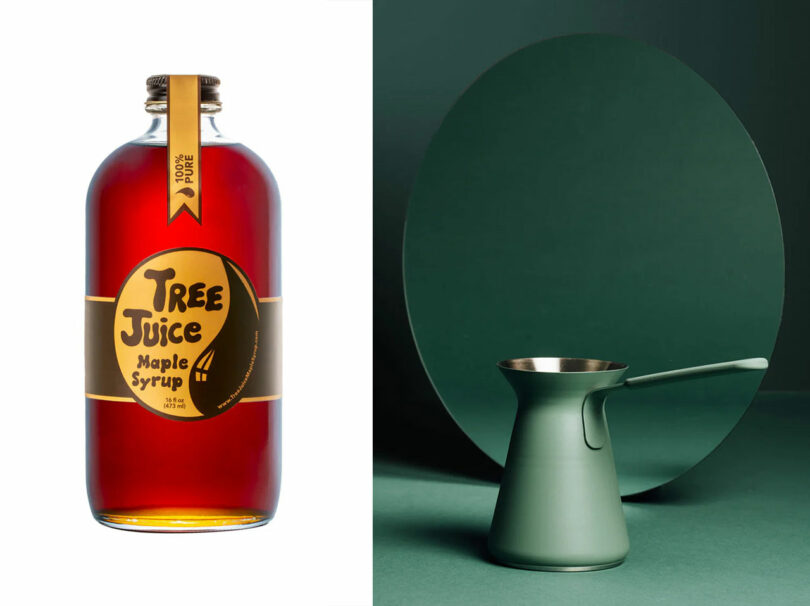 A bottle of Tree Juice maple syrup next to a green jug set against a green circular backdrop.