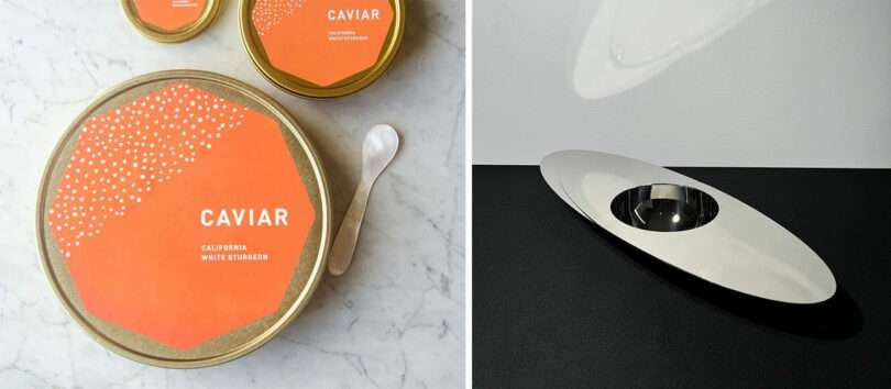 A tin of California white sturgeon caviar sits on a marble surface next to a spoon. A modern, elliptical dish with a reflective interior is on a black table.