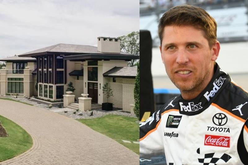 L: Exterior of mansion. R: Denny Hamlin.