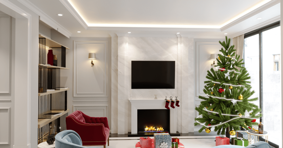 A luxurious living room with a Christmas tree.