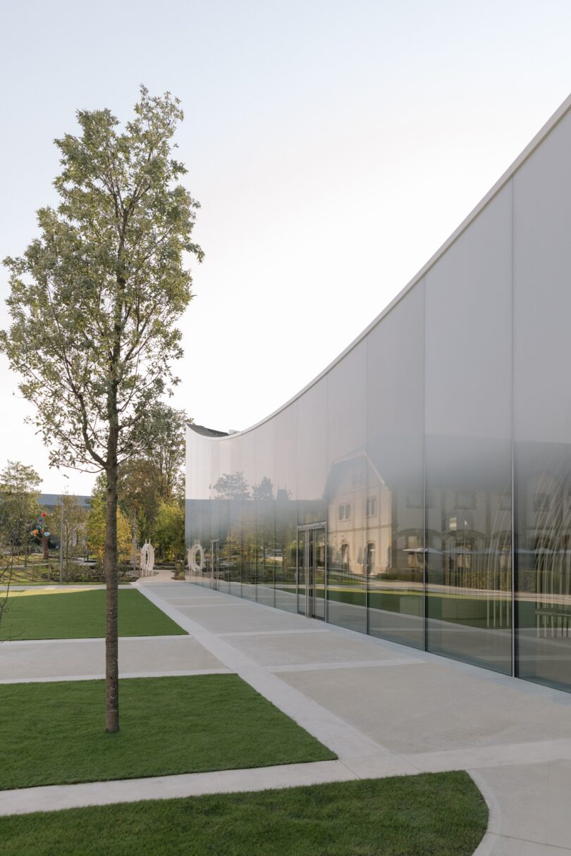 Modern building with glass facade and curved design, located near a tree and surrounded by green grass and paved walkways.