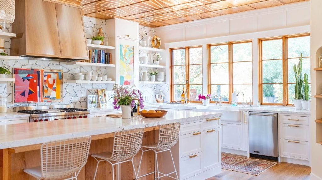 Beach kitchen with white kitchen open shelving decor by DECORILLA