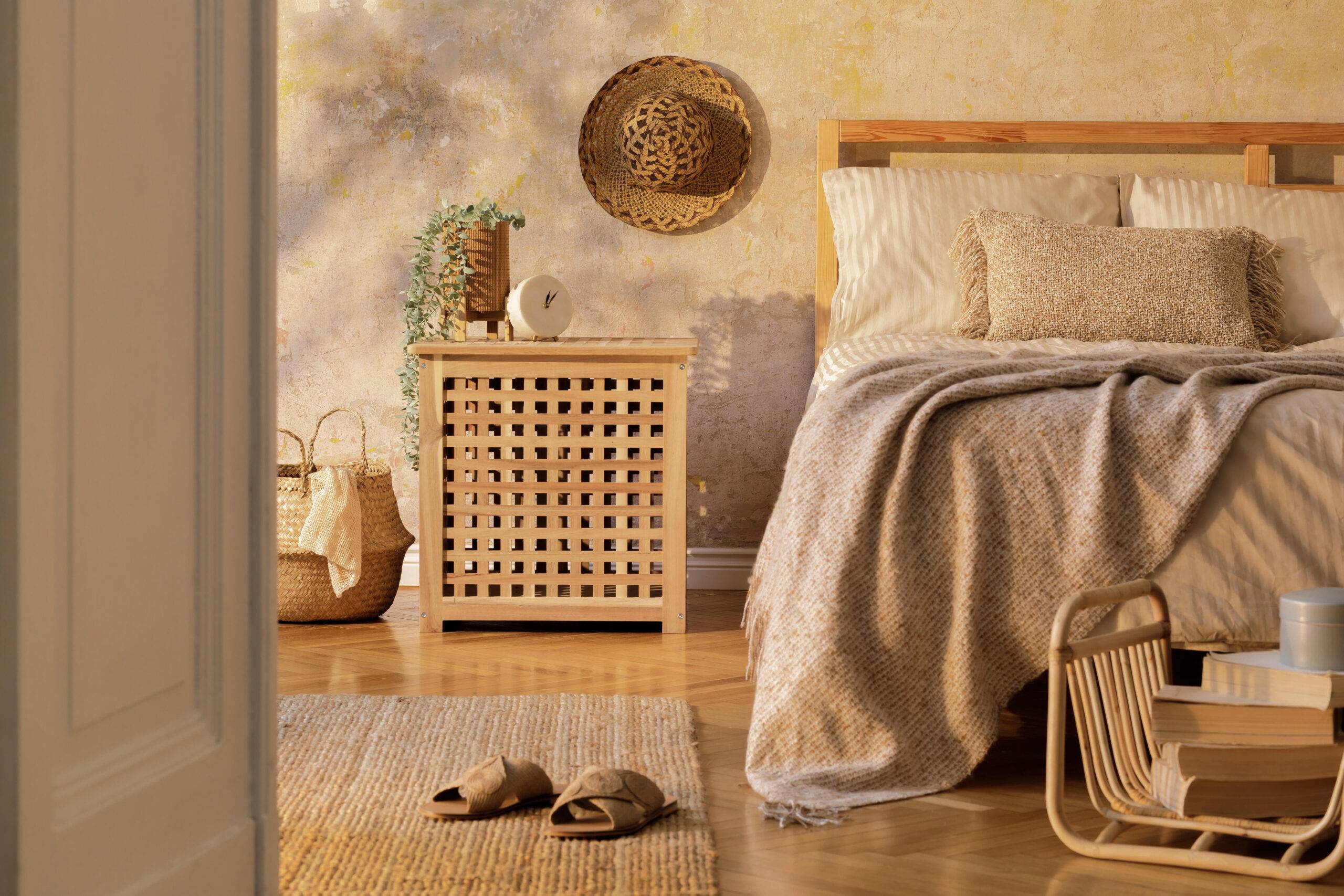 A boho style bedroom featuring lots of browns and textured elements.