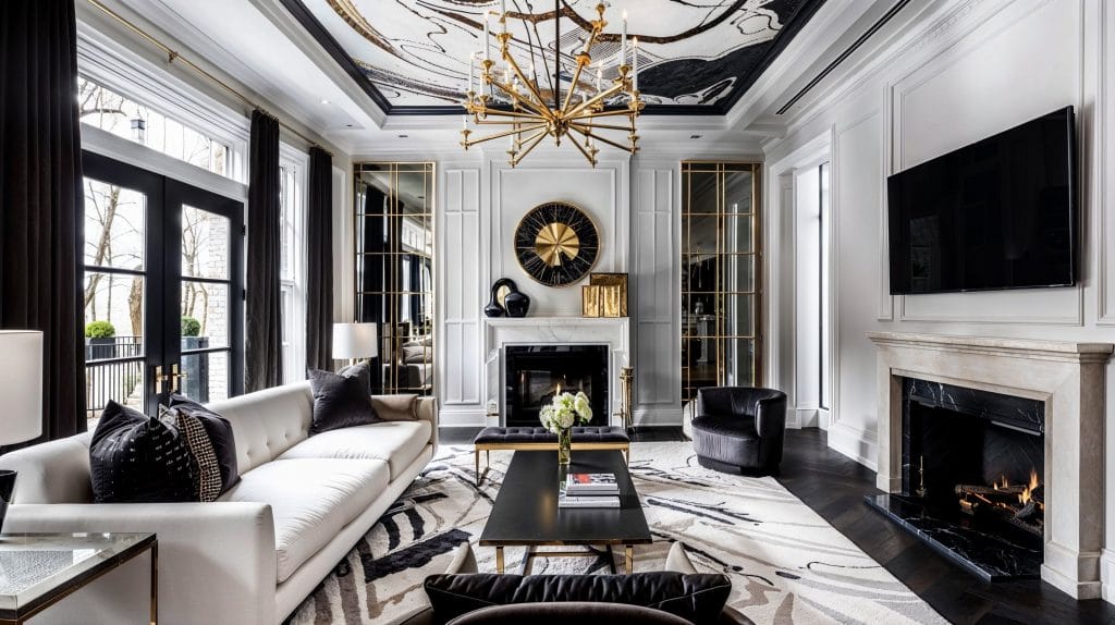 Polished marble in a modern black-and-white Art Deco interior design by Decorilla