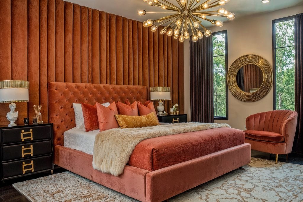 Jewel colored velvet defines this Art Deco bedroom interior style by Decorilla