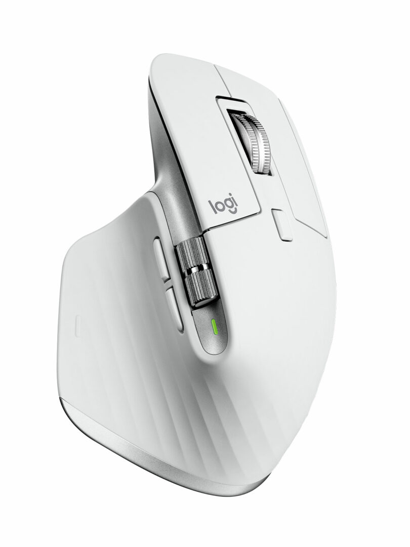 A white ergonomic computer mouse with a vertical design, featuring a scroll wheel, side buttons, and the distinctive Giulio Barresi brand logo.