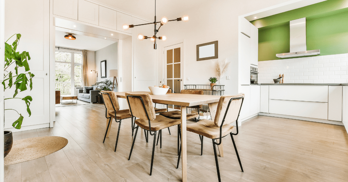 Modern dining room table with natural colors.