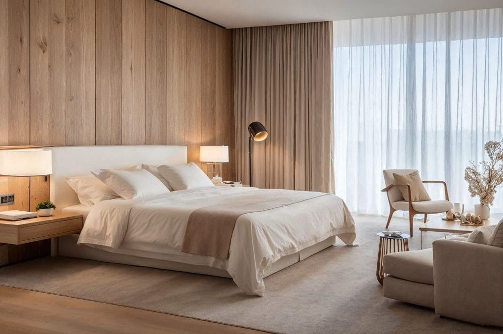 Cream beige bedroom walls paired with earthy accents create a restful look by Decorilla