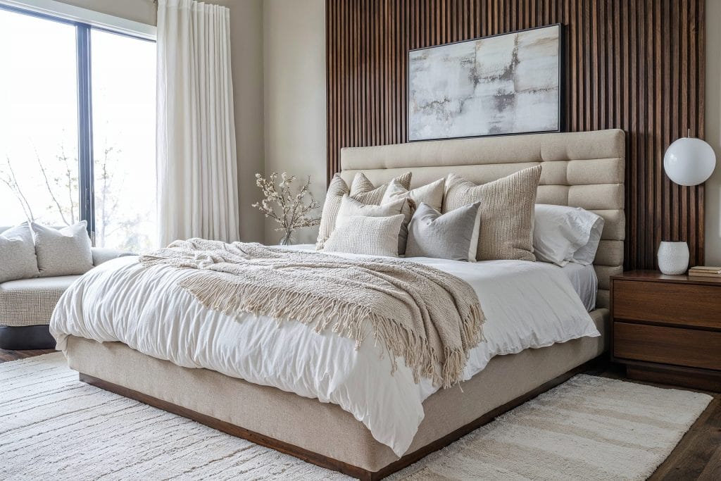 An inviting neutral master bedroom with plush accents, by Decorilla